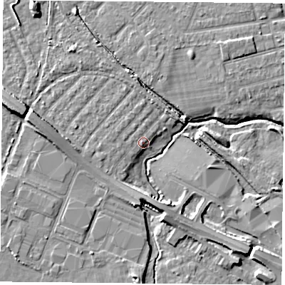 Shaded relief map of the ground around DN59AY, computed from Environment Agency LiDAR. The ground here sits at about 10 m above sea level and falls 9 m across the surrounding 800 m. Surface water reaching this point runs off ground lying to the north-west, 0.7 m higher.