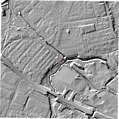 Shaded relief map of the ground around DN59AZ, computed from Environment Agency LiDAR. The ground here sits at about 9 m above sea level and falls 8 m across the surrounding 800 m. Surface water reaching this point runs off ground lying to the west, 5.2 m higher.