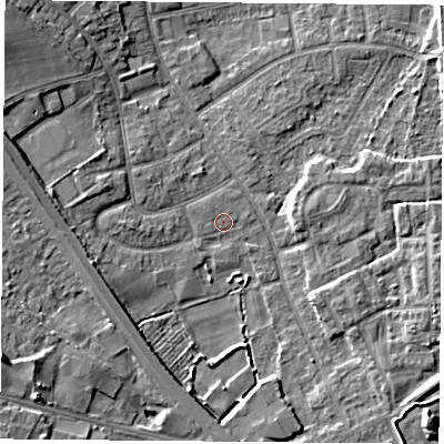 Shaded relief map of the ground around DN59EP, computed from Environment Agency LiDAR. The ground here sits at about 8 m above sea level and falls 10 m across the surrounding 800 m. Surface water reaching this point runs off ground lying to the north-west, 0.7 m higher.