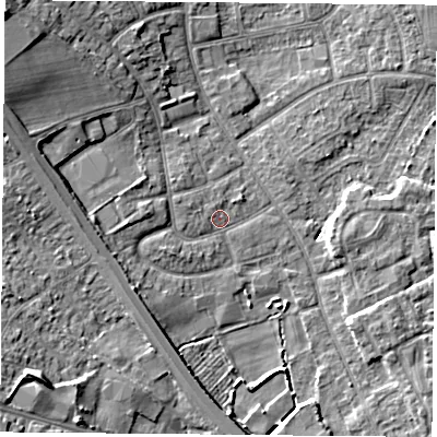 Shaded relief map of the ground around DN59ES, computed from Environment Agency LiDAR. The ground here sits at about 8 m above sea level and falls 11 m across the surrounding 800 m. Surface water reaching this point runs off ground lying to the west-north-west, 1.5 m higher.