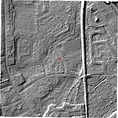 Shaded relief map of the ground around DN59JG, computed from Environment Agency LiDAR. The ground here sits at about 7 m above sea level and falls 6 m across the surrounding 800 m. Surface water reaching this point runs off ground lying to the south-south-west, 0.9 m higher.