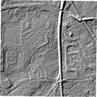 Shaded relief map of the ground around DN59JH, computed from Environment Agency LiDAR. The ground here sits at about 6 m above sea level and falls 7 m across the surrounding 800 m. Surface water reaching this point runs off ground lying to the east, 4.3 m higher.