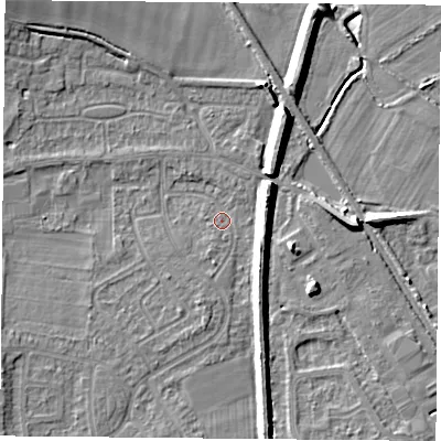 Shaded relief map of the ground around DN59JL, computed from Environment Agency LiDAR. The ground here sits at about 6 m above sea level and falls 9 m across the surrounding 800 m. Surface water reaching this point runs off ground lying to the south-south-west, 1.2 m higher.