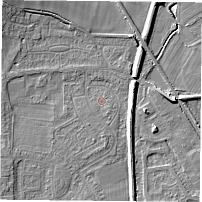 Shaded relief map of the ground around DN59JN, computed from Environment Agency LiDAR. The ground here sits at about 6 m above sea level and falls 9 m across the surrounding 800 m. Surface water reaching this point runs off ground lying to the south-south-east, 1.1 m higher.