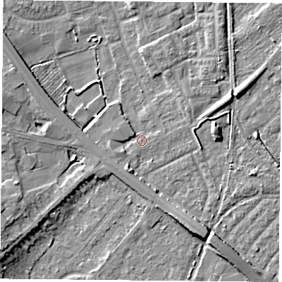 Shaded relief map of the ground around DN59LT, computed from Environment Agency LiDAR. The ground here sits at about 9 m above sea level and falls 8 m across the surrounding 800 m. Surface water reaching this point runs off ground lying to the south-west, 2.4 m higher.