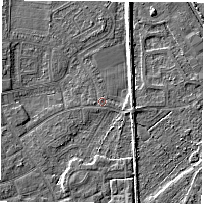 Shaded relief map of the ground around DN59NP, computed from Environment Agency LiDAR. The ground here sits at about 7 m above sea level and falls 6 m across the surrounding 800 m. Surface water reaching this point runs off ground lying to the west, 0.8 m higher.