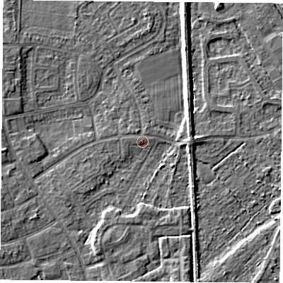 Shaded relief map of the ground around DN59NS, computed from Environment Agency LiDAR. The ground here sits at about 7 m above sea level and falls 5 m across the surrounding 800 m. Surface water reaching this point runs off ground lying to the north-north-east, 0.9 m higher.
