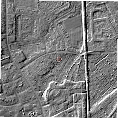 Shaded relief map of the ground around DN59PA, computed from Environment Agency LiDAR. The ground here sits at about 7 m above sea level and falls 5 m across the surrounding 800 m. Surface water reaching this point runs off ground lying to the west-south-west, 1.3 m higher.