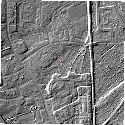 Shaded relief map of the ground around DN59PB, computed from Environment Agency LiDAR. The ground here sits at about 7 m above sea level and falls 6 m across the surrounding 800 m. Surface water reaching this point runs off ground lying to the south-south-east, 3.7 m higher.