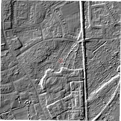 Shaded relief map of the ground around DN59PD, computed from Environment Agency LiDAR. The ground here sits at about 7 m above sea level and falls 7 m across the surrounding 800 m. Surface water reaching this point runs off ground lying to the south-south-east, 3.7 m higher.