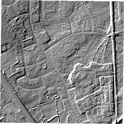 Shaded relief map of the ground around DN59PE, computed from Environment Agency LiDAR. The ground here sits at about 8 m above sea level and falls 9 m across the surrounding 800 m. Surface water reaching this point runs off ground lying to the west, 0.8 m higher.