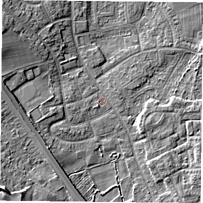 Shaded relief map of the ground around DN59PL, computed from Environment Agency LiDAR. The ground here sits at about 8 m above sea level and falls 11 m across the surrounding 800 m. Surface water reaching this point runs off ground lying to the west-south-west, 5.2 m higher.
