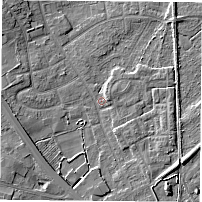 Shaded relief map of the ground around DN59PN, computed from Environment Agency LiDAR. The ground here sits at about 8 m above sea level and falls 8 m across the surrounding 800 m. Surface water reaching this point runs off ground lying to the west, 5.3 m higher.