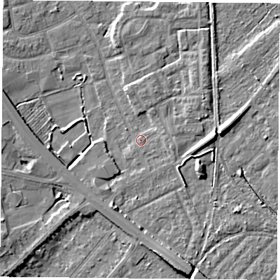Shaded relief map of the ground around DN59PP, computed from Environment Agency LiDAR. The ground here sits at about 9 m above sea level and falls 8 m across the surrounding 800 m. Surface water reaching this point runs off ground lying to the east, 5.3 m higher.