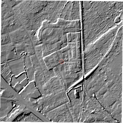 Shaded relief map of the ground around DN59PU, computed from Environment Agency LiDAR. The ground here sits at about 9 m above sea level and falls 8 m across the surrounding 800 m. Surface water reaching this point runs off ground lying to the south-east, 1.6 m higher.