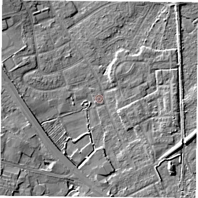 Shaded relief map of the ground around DN59PW, computed from Environment Agency LiDAR. The ground here sits at about 7 m above sea level and falls 8 m across the surrounding 800 m. Surface water reaching this point runs off ground lying to the south-east, 4.5 m higher.