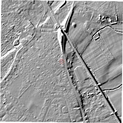 Shaded relief map of the ground around DN59QP, computed from Environment Agency LiDAR. The ground here sits at about 9 m above sea level and falls 11 m across the surrounding 800 m. Surface water reaching this point runs off ground lying to the south-south-east, 0.6 m higher.