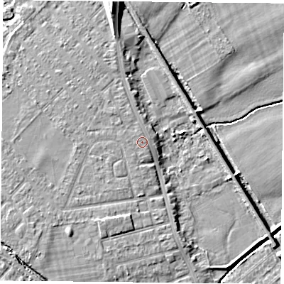 Shaded relief map of the ground around DN59QW, computed from Environment Agency LiDAR. The ground here sits at about 9 m above sea level and falls 11 m across the surrounding 800 m. The ground contributing surface water to this point lies to the south.
