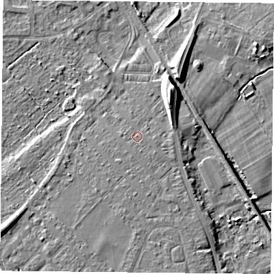 Shaded relief map of the ground around DN59RB, computed from Environment Agency LiDAR. The ground here sits at about 9 m above sea level and falls 11 m across the surrounding 800 m. Surface water reaching this point runs off ground lying to the south-east, 0.8 m higher.