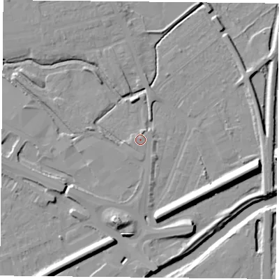 Shaded relief map of the ground around DN59SA, computed from Environment Agency LiDAR. The ground here sits at about 9 m above sea level and falls 13 m across the surrounding 800 m. Surface water reaching this point runs off ground lying to the south, 1.6 m higher.