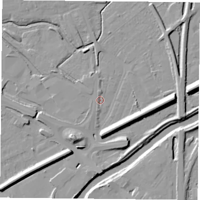 Shaded relief map of the ground around DN59SD, computed from Environment Agency LiDAR. The ground here sits at about 7 m above sea level and falls 13 m across the surrounding 800 m. Surface water reaching this point runs off ground lying to the north, 2.0 m higher.