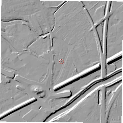 Shaded relief map of the ground around DN59SE, computed from Environment Agency LiDAR. The ground here sits at about 7 m above sea level and falls 13 m across the surrounding 800 m. Surface water reaching this point runs off ground lying to the east, 11.1 m higher.