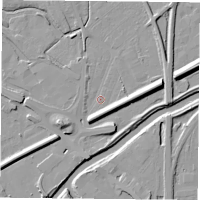 Shaded relief map of the ground around DN59SF, computed from Environment Agency LiDAR. The ground here sits at about 8 m above sea level and falls 13 m across the surrounding 800 m. Surface water reaching this point runs off ground lying to the east-north-east, 11.1 m higher.
