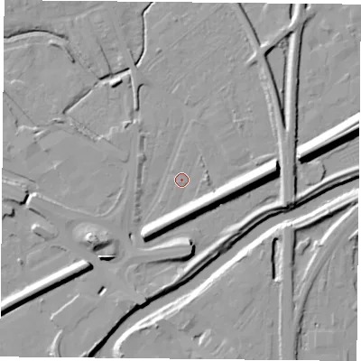 Shaded relief map of the ground around DN59SG, computed from Environment Agency LiDAR. The ground here sits at about 8 m above sea level and falls 13 m across the surrounding 800 m. Surface water reaching this point runs off ground lying to the east, 10.5 m higher.