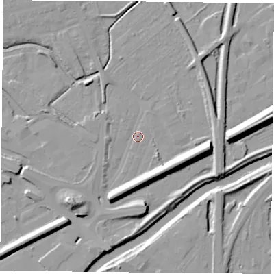 Shaded relief map of the ground around DN59SH, computed from Environment Agency LiDAR. The ground here sits at about 8 m above sea level and falls 13 m across the surrounding 800 m. Surface water reaching this point runs off ground lying to the east, 11.1 m higher.