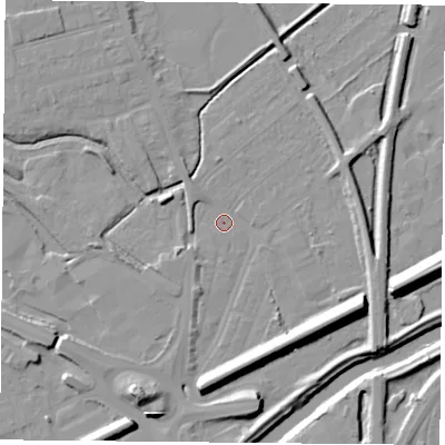 Shaded relief map of the ground around DN59SJ, computed from Environment Agency LiDAR. The ground here sits at about 7 m above sea level and falls 13 m across the surrounding 800 m. Surface water reaching this point runs off ground lying to the east-south-east, 11.1 m higher.