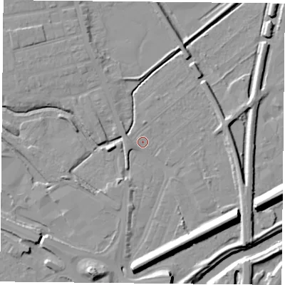 Shaded relief map of the ground around DN59SL, computed from Environment Agency LiDAR. The ground here sits at about 7 m above sea level and falls 13 m across the surrounding 800 m. Surface water reaching this point runs off ground lying to the south-east, 11.0 m higher.