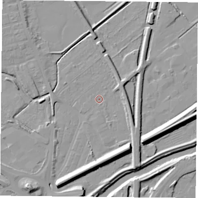 Shaded relief map of the ground around DN59SN, computed from Environment Agency LiDAR. The ground here sits at about 7 m above sea level and falls 13 m across the surrounding 800 m. Surface water reaching this point runs off ground lying to the south-south-east, 10.4 m higher.