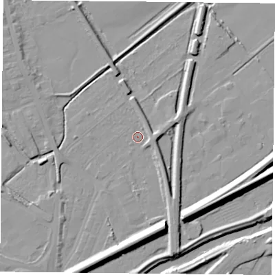 Shaded relief map of the ground around DN59SP, computed from Environment Agency LiDAR. The ground here sits at about 7 m above sea level and falls 14 m across the surrounding 800 m. Surface water reaching this point runs off ground lying to the south-south-east, 10.4 m higher.