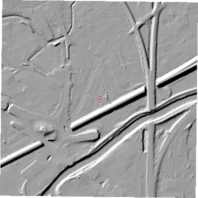 Shaded relief map of the ground around DN59SQ, computed from Environment Agency LiDAR. The ground here sits at about 8 m above sea level and falls 13 m across the surrounding 800 m. Surface water reaching this point runs off ground lying to the east, 10.5 m higher.