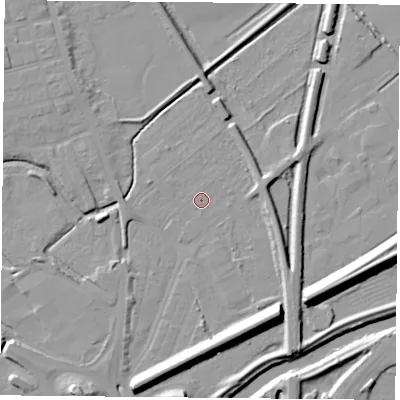 Shaded relief map of the ground around DN59SR, computed from Environment Agency LiDAR. The ground here sits at about 7 m above sea level and falls 13 m across the surrounding 800 m. Surface water reaching this point runs off ground lying to the south-east, 10.5 m higher.