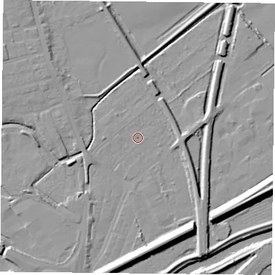 Shaded relief map of the ground around DN59SS, computed from Environment Agency LiDAR. The ground here sits at about 7 m above sea level and falls 14 m across the surrounding 800 m. Surface water reaching this point runs off ground lying to the south-south-east, 11.0 m higher.