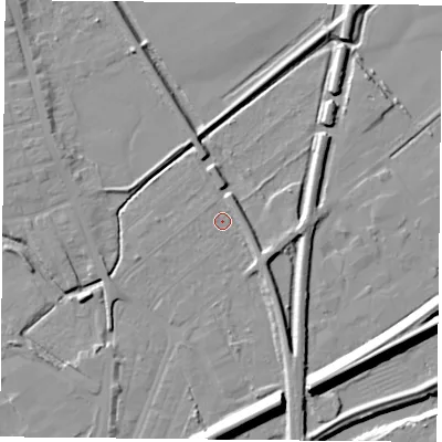 Shaded relief map of the ground around DN59ST, computed from Environment Agency LiDAR. The ground here sits at about 7 m above sea level and falls 14 m across the surrounding 800 m. Surface water reaching this point runs off ground lying to the south-east, 4.4 m higher.