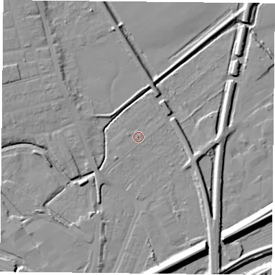 Shaded relief map of the ground around DN59SU, computed from Environment Agency LiDAR. The ground here sits at about 7 m above sea level and falls 14 m across the surrounding 800 m. Surface water reaching this point runs off ground lying to the south-south-west, 0.8 m higher.