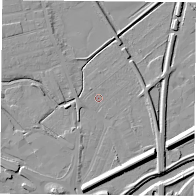Shaded relief map of the ground around DN59SX, computed from Environment Agency LiDAR. The ground here sits at about 7 m above sea level and falls 13 m across the surrounding 800 m. Surface water reaching this point runs off ground lying to the south-east, 11.0 m higher.