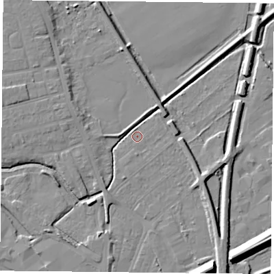 Shaded relief map of the ground around DN59SY, computed from Environment Agency LiDAR. The ground here sits at about 7 m above sea level and falls 14 m across the surrounding 800 m. Surface water reaching this point runs off ground lying to the west, 5.2 m higher.