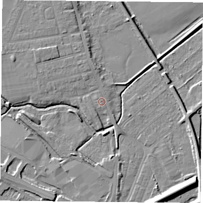 Shaded relief map of the ground around DN59TA, computed from Environment Agency LiDAR. The ground here sits at about 9 m above sea level and falls 13 m across the surrounding 800 m. Surface water reaching this point runs off ground lying to the west-north-west, 2.0 m higher.