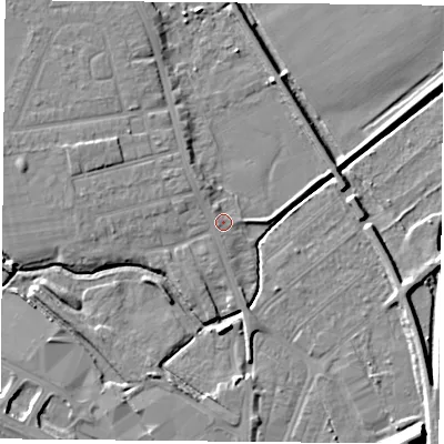 Shaded relief map of the ground around DN59TB, computed from Environment Agency LiDAR. The ground here sits at about 8 m above sea level and falls 13 m across the surrounding 800 m. Surface water reaching this point runs off ground lying to the west, 2.0 m higher.