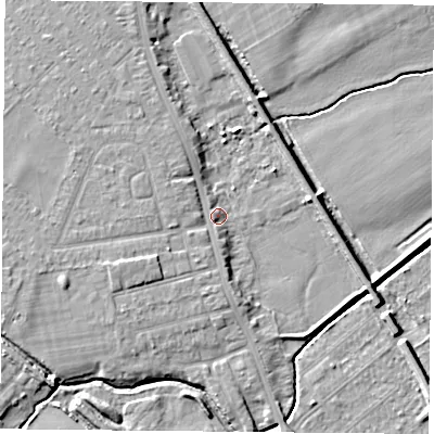 Shaded relief map of the ground around DN59TG, computed from Environment Agency LiDAR. The ground here sits at about 8 m above sea level and falls 7 m across the surrounding 800 m. Surface water reaching this point runs off ground lying to the east-south-east, 3.5 m higher.
