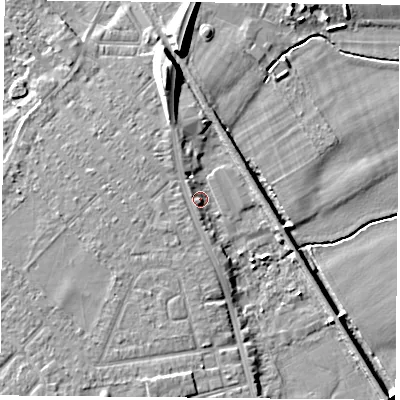 Shaded relief map of the ground around DN59TJ, computed from Environment Agency LiDAR. The ground here sits at about 8 m above sea level and falls 11 m across the surrounding 800 m. Surface water reaching this point runs off ground lying to the north-north-west, 9.0 m higher.