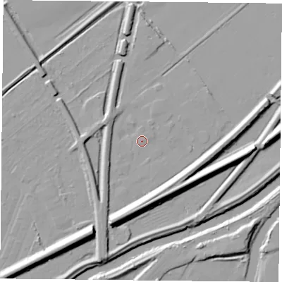 Shaded relief map of the ground around DN59TL, computed from Environment Agency LiDAR. The ground here sits at about 8 m above sea level and falls 14 m across the surrounding 800 m. Surface water reaching this point runs off ground lying to the east-north-east, 0.8 m higher.