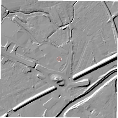 Shaded relief map of the ground around DN59TP, computed from Environment Agency LiDAR. The ground here sits at about 9 m above sea level and falls 13 m across the surrounding 800 m. The ground contributing surface water to this point lies to the north-north-west.