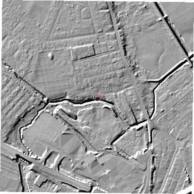 Shaded relief map of the ground around DN59TR, computed from Environment Agency LiDAR. The ground here sits at about 9 m above sea level and falls 12 m across the surrounding 800 m. Surface water reaching this point runs off ground lying to the south-west, 6.5 m higher.