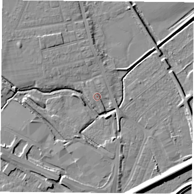 Shaded relief map of the ground around DN59TW, computed from Environment Agency LiDAR. The ground here sits at about 9 m above sea level and falls 13 m across the surrounding 800 m. Surface water reaching this point runs off ground lying to the south-south-east, 1.6 m higher.