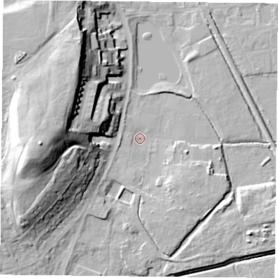 Shaded relief map of the ground around DN60AA, computed from Environment Agency LiDAR. The ground here sits at about 4 m above sea level and falls 28 m across the surrounding 800 m. Surface water reaching this point runs off ground lying to the west-south-west, 16.2 m higher.