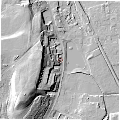 Shaded relief map of the ground around DN60AB, computed from Environment Agency LiDAR. The ground here sits at about 6 m above sea level and falls 27 m across the surrounding 800 m. Surface water reaching this point runs off ground lying to the west, 22.5 m higher.